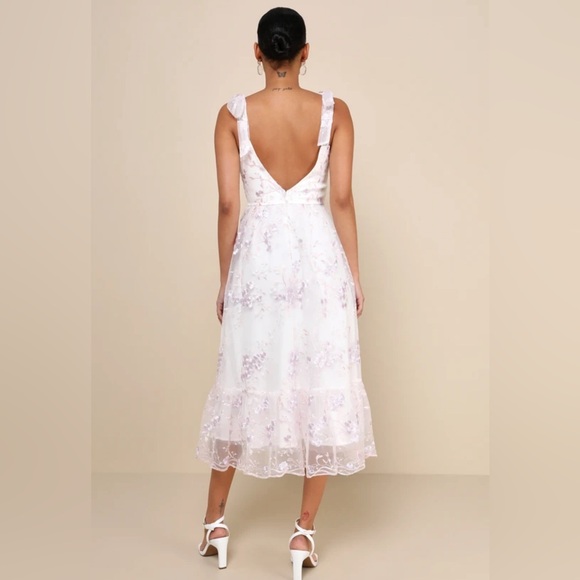 Lulu’s Distinctly Sweet White Floral Embroidered Tie-Strap Midi Dress. - Picture 3 of 7